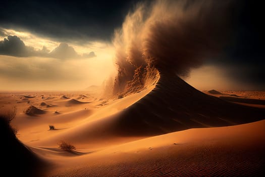 Surreal desert landscape with sandstorm and dust clouds. Abstract fantasy background.