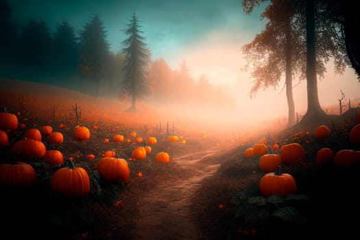 Halloween pumpkin in dark forest with haze. Scary wood on halloween night. Autumn season fine art wallpaper background.