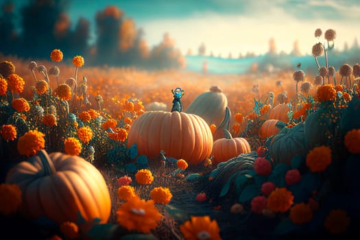 Thanksgiving pumpkins in countryside flower field. Fantasy landscape with colorful harvest pumpkin crop. Holiday autumn magic scene background.