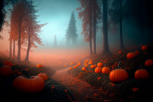 Halloween pumpkin in dark forest with haze. Scary wood on halloween night. Autumn season fine art wallpaper background.