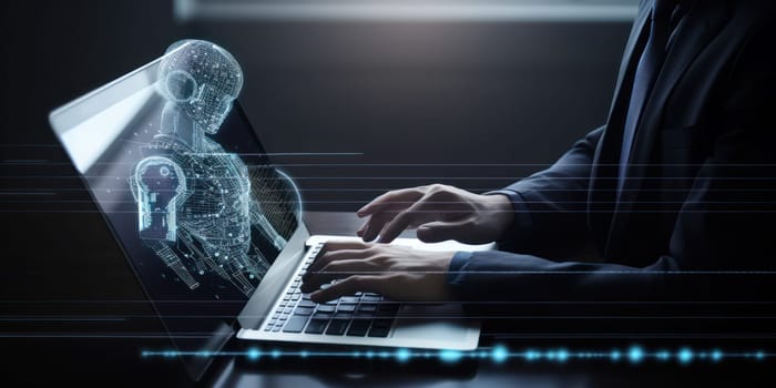 android work in the virtual world. Internet. artificial intelligence. human replacement by a robot. access to the virtual world. generative AI