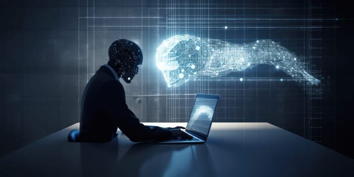 android work in the virtual world. Internet. artificial intelligence. human replacement by a robot. access to the virtual world. generative AI