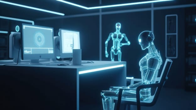 android work in the virtual world. Internet. artificial intelligence. human replacement by a robot. access to the virtual world. generative AI