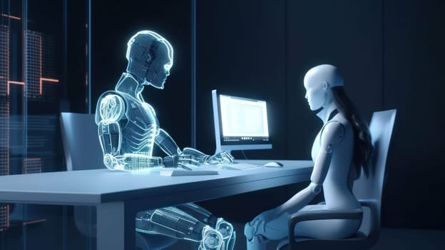 android work in the virtual world. Internet. artificial intelligence. human replacement by a robot. access to the virtual world. generative AI