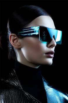 A beautiful athletic girl with a VR glasses and a black latex suit, immersed in virtual reality and using augmented reality technology.