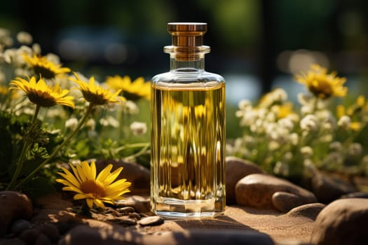 sunflower oil in glass bottles among sunflower flowers, close-up with space for text.exclusive premium sunflower oil