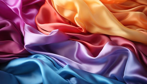 draped Natural blue, yellow, orange and pink satin fabric as background texture.