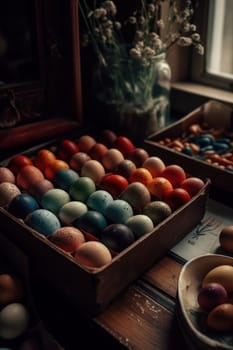 decorating handmade eggs for Easter on the table. rustic style