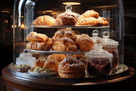 fresh pastries on a bakery showcase, close-up on the background of a cafe. Bakery showcase with delicious fresh pastries.