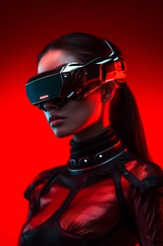 A beautiful athletic girl with a VR glasses and a red latex suit, immersed in virtual reality and using augmented reality technology.