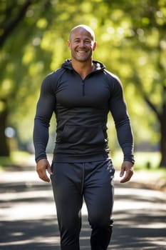 athletic man running in the park on a sunny day .