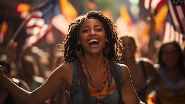 portrait of people at the Parade. demonstrators wave American flags and walk along the avenue during the parade.