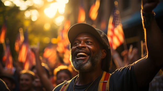 portrait of people at the Parade. demonstrators wave American flags and walk along the avenue during the parade.