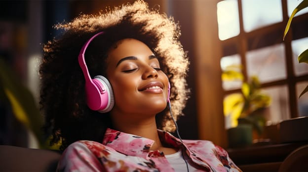 Young beautiful African American woman in headphones smiles and listens to music with pleasure and pleasure