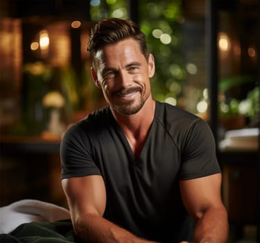 portrait of a young handsome massage therapist at his workplace in a spa center .