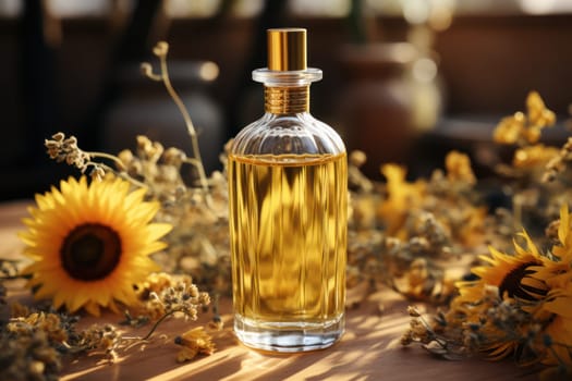 sunflower oil in glass bottles among sunflower flowers, close-up with space for text.exclusive premium sunflower oil