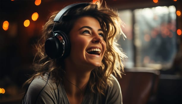 young woman in headphones laughs at what she hears. Close-up portrait of a beautiful woman listening to a funny program