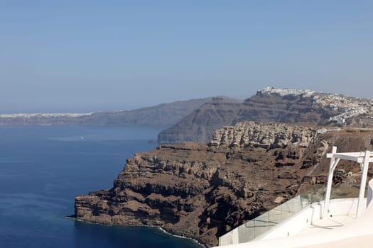 Magnificent view of the majestic volcanic cliffs of Santorini Island, Greece.
