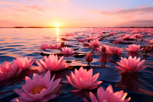 Countless pink Water Lilies floating on the sea, during sunset time. The sea of pink lotus. AI generated
