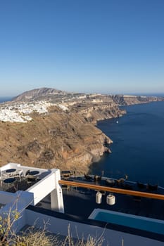 Panoramic view of the Santorini caldera cliffs from the Imerovigli village on Santorini island, Greece