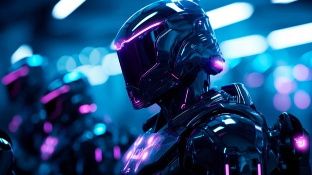 Robots army commander, automation of robotic technical processes. Advanced robot soldiers. Cyborg robots with neon highlights. AI generated