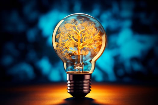 Innovative and Creative Idea concept. Light bulb with glowing tree shape inside. Electric power from nature. AI generated