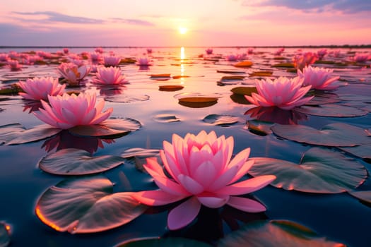 Countless pink Water Lilies floating on the lake, during sunset time. The sea of pink lotus. AI generated