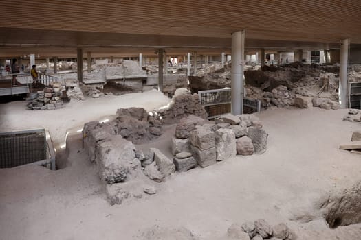 Santorini, Greece - July 01, 2021: Akrotiri, excavation site of a Minoan Bronze Age settlement on the Greek island of Santorini