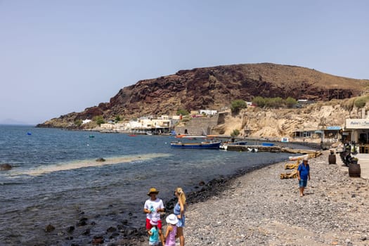 Akrotiri, Santorini, Greece - July 1, 2021: View of the coast at Akrotiri in Santorini. Greece