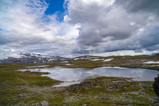 beautiful norwegian landscape with hills and a lake in front