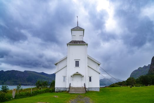 Gimsoy church in the Lofoten Islands. It is a parish church in the municipality of Vagan in Nordland county, Norway.