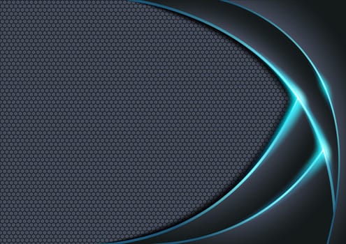 Layered Curvy Objects with Blue Glowing Edges on Gray Hexagonal Textured Background - Abstract Futuristic Illustration with Light Effects