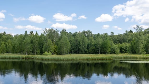 Reservoir at the red moor in the high Rhoen, Hesse, Germany. With blue sky and white clouds and reflection in the water