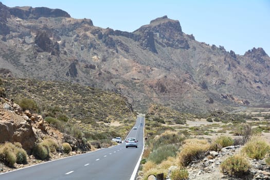 Road in Volcanic landscape in El Teide National Park on the Canary Island of Tenerife, Spain