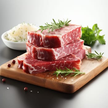 Beef jerky meat slices on a cutting board with sprigs of greens