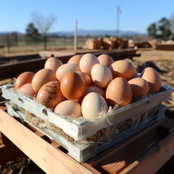 Fresh broiler chicken eggs in a wooden box on a farm.
