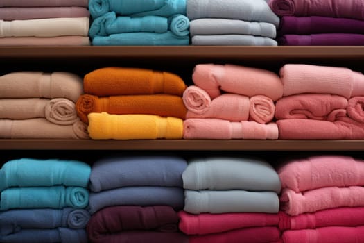 stacks of colored terry towels in a boutique. Home textile, beautiful rolled soft fluffy towels on the shelf.