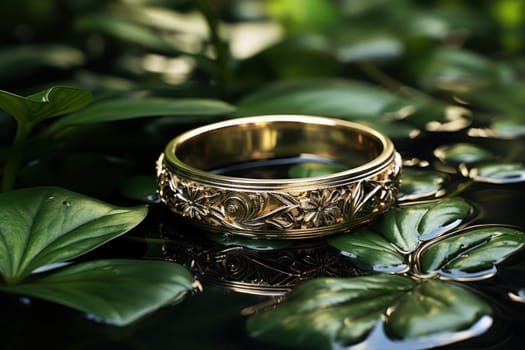 wedding gold ring is decorated with carvings on a natural background of nature.jewelry