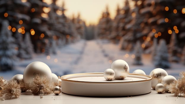 Winter background with white Christmas balls on a blurred background of Christmas trees with illumination