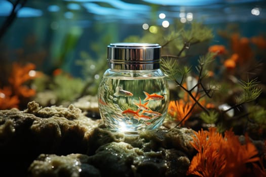 a glass container for perfumes or cosmetics at the bottom of a pond with a fish swimming nearby. The concept of ecological and safe products.