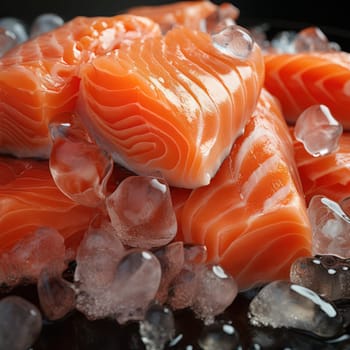 red fish fillet among pieces of ice , product freshness and high quality.