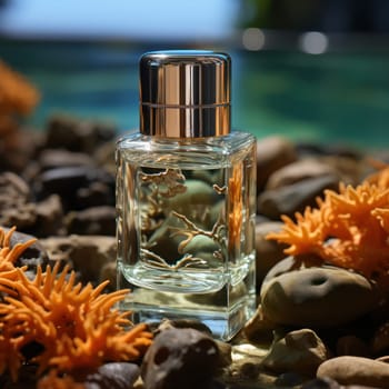 moisturizing cosmetic product underwater at the bottom of a pond against a blurred background