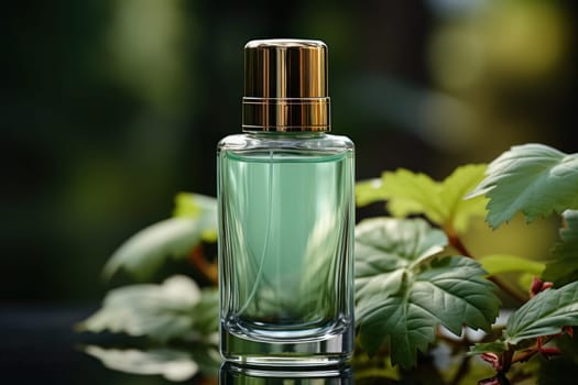 Cosmetic glass bottle of luxury product on blurred eco background. product presentation, demonstration of cosmetic products.Modern stylish bottle