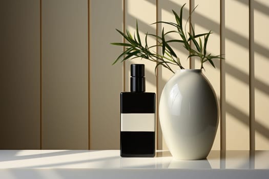 Cosmetic glass bottle of luxury product black and white design on graphic background. product presentation, demonstration of cosmetic products. Modern stylish bottle