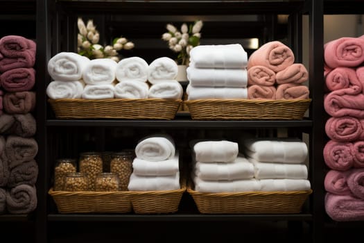 stacks of white and pink towels in a boutique. Home textile, beautiful rolled white bath towels on a shelf.