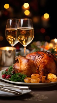 grilled chicken with vegetables and herbs on a platter. festive serving against the backdrop of illumination.