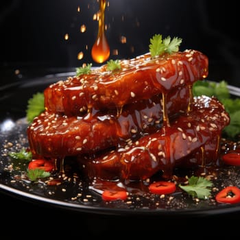 pieces of barbecue meat with caramel sauce with sesame seeds and slices of hot chili pepper and herbs on a dark background