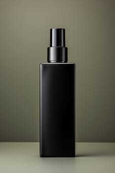 black container with a spray bottle on a dark background. strict, laconic packaging for men's cosmetics or perfumes.