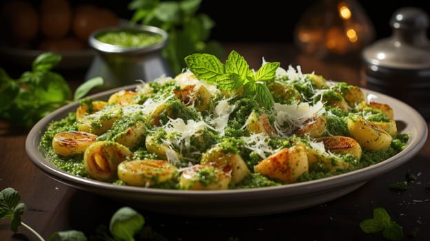 shell pasta fried with spinach and seasoned with basil and garlic and grated cheese