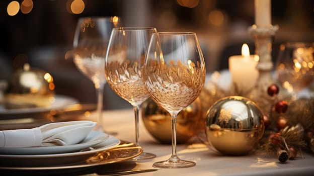 Details of the festive table decorated with candles and Christmas toys, decorated for the New Year and Christmas